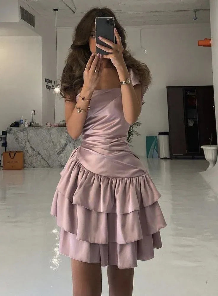 Fashion A-Line Off the Shoulder Sleeveless Pleated Satin Short-Mini Homecoming Dress