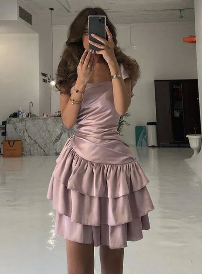 Fashion A-Line Off the Shoulder Sleeveless Pleated Satin Short-Mini Homecoming Dress