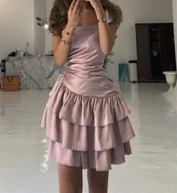 Fashion A-Line Off the Shoulder Sleeveless Pleated Satin Short-Mini Homecoming Dress