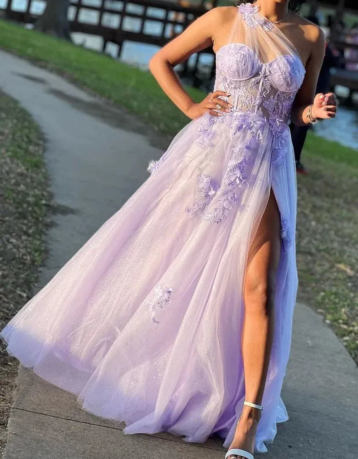 Fashion A-Line One Shoulder Sleeveless Tulle Lace Up Floor-Length Prom Dress