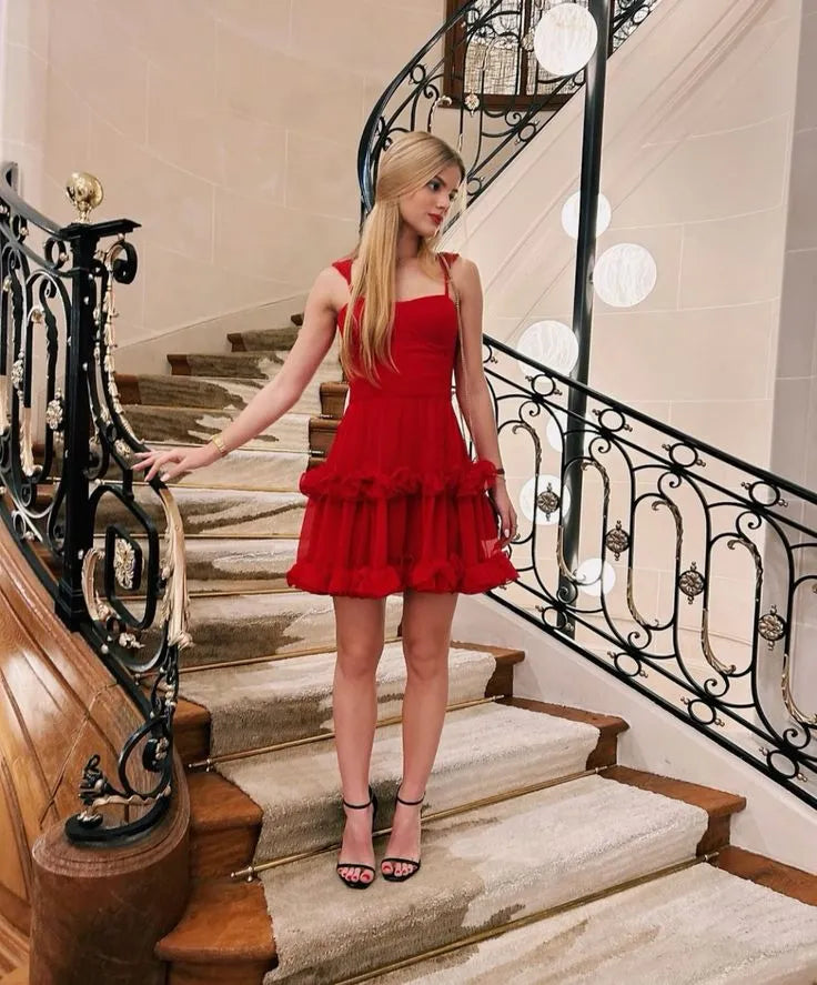 Fashion A-Line Spaghetti Straps Sleeveless Backless Tulle Short-Mini Homecoming Dress