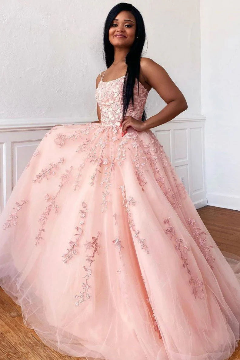 Fashion A-Line Spaghetti Straps Sleeveless Lace Up Sweep/Brush Train Prom Dress