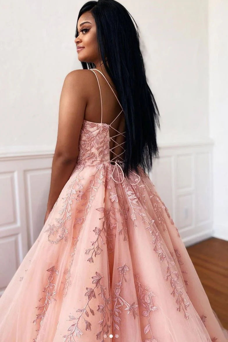 Fashion A-Line Spaghetti Straps Sleeveless Lace Up Sweep/Brush Train Prom Dress