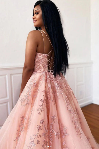 Fashion A-Line Spaghetti Straps Sleeveless Lace Up Sweep/Brush Train Prom Dress