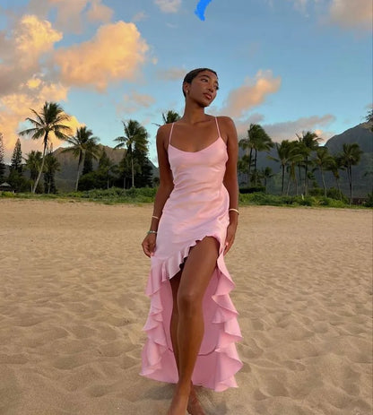 Fashion A-Line Spaghetti Straps Sleeveless Ruffle Satin Floor-Length Prom Dress