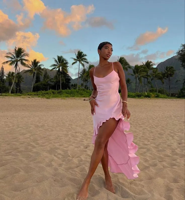 Fashion A-Line Spaghetti Straps Sleeveless Ruffle Satin Floor-Length Prom Dress