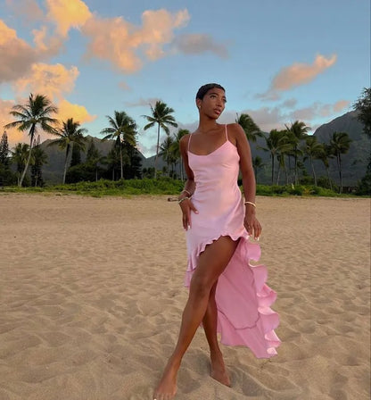 Fashion A-Line Spaghetti Straps Sleeveless Ruffle Satin Floor-Length Prom Dress