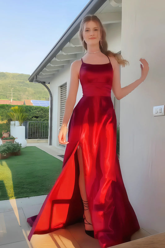 Fashion A-Line Spaghetti Straps Sleeveless Slit Satin Floor-Length Prom Dress