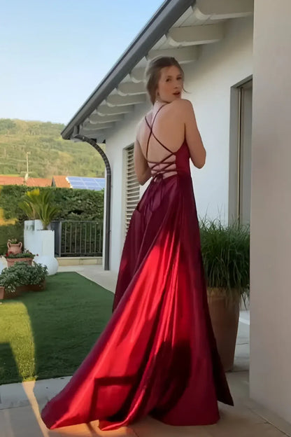 Fashion A-Line Spaghetti Straps Sleeveless Slit Satin Floor-Length Prom Dress