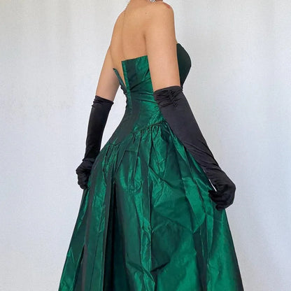Fashion A-Line Strapless Sleeveless Pleated Satin Floor-Length Prom Dress