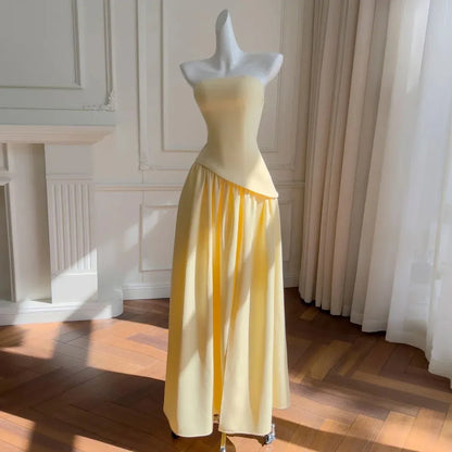 Fashion A-Line Strapless Sleeveless Pleated Satin Maxi Dress Prom Dress