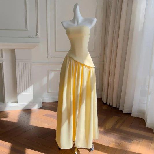 Fashion A-Line Strapless Sleeveless Pleated Satin Maxi Dress Prom Dress