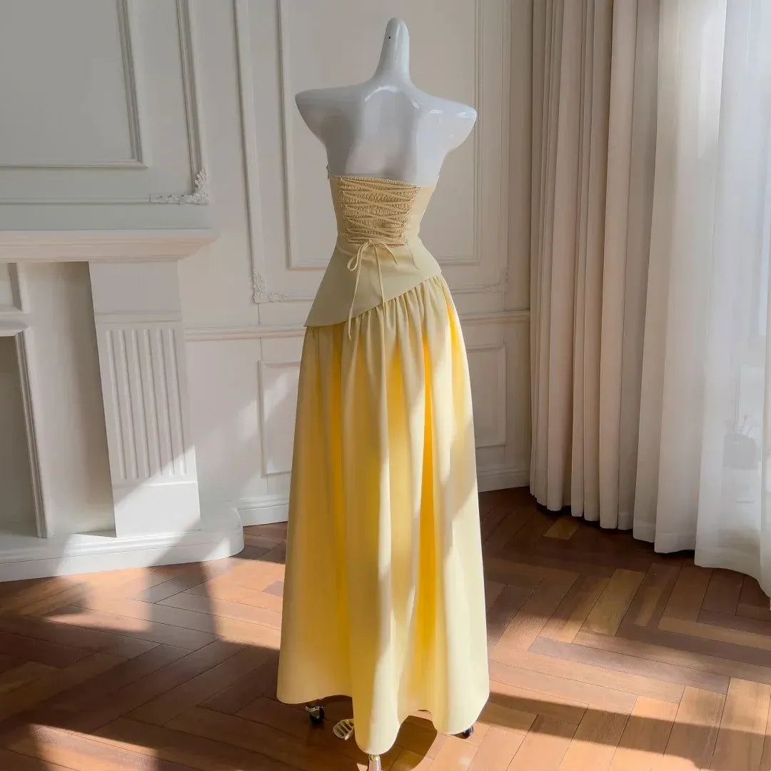 Fashion A-Line Strapless Sleeveless Pleated Satin Maxi Dress Prom Dress