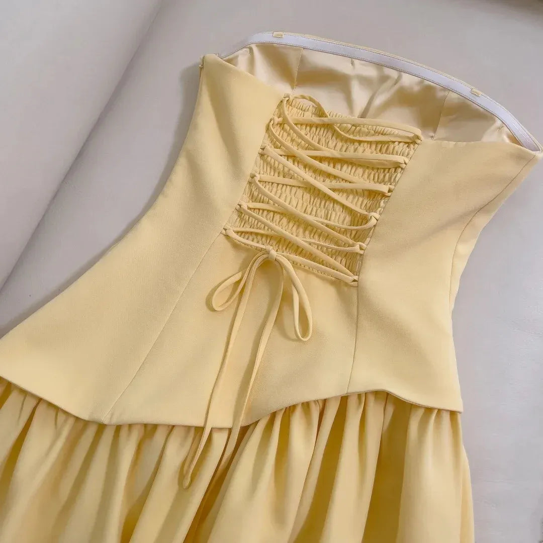 Fashion A-Line Strapless Sleeveless Pleated Satin Maxi Dress Prom Dress