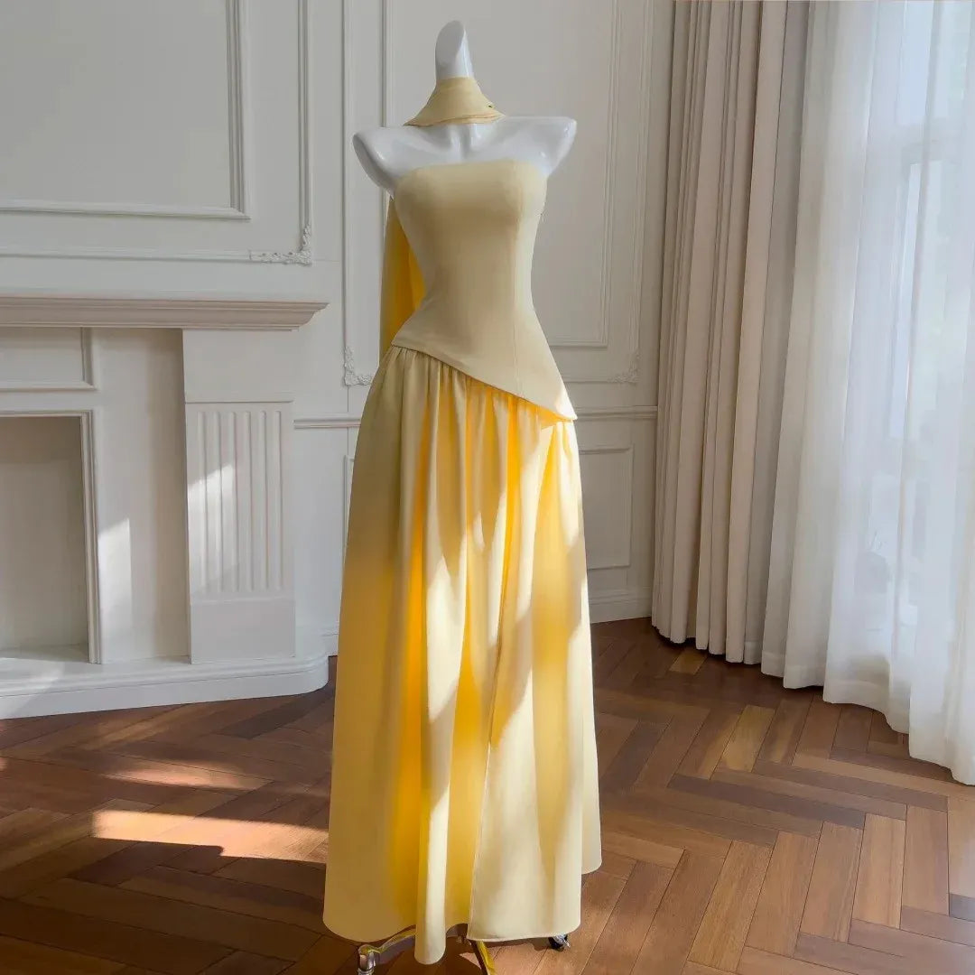 Fashion A-Line Strapless Sleeveless Pleated Satin Maxi Dress Prom Dress