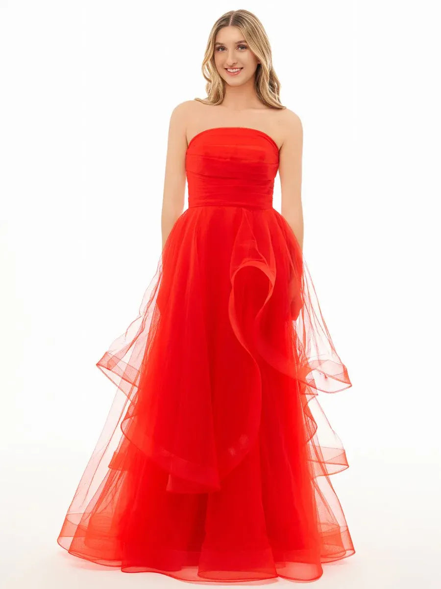 Fashion A-Line Strapless Sleeveless Ruffled Organza Floor-Length Prom Dress