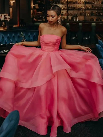 Fashion A-Line Strapless Sleeveless Ruffled Organza Floor-Length Prom Dress