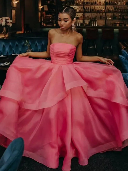 Fashion A-Line Strapless Sleeveless Ruffled Organza Floor-Length Prom Dress