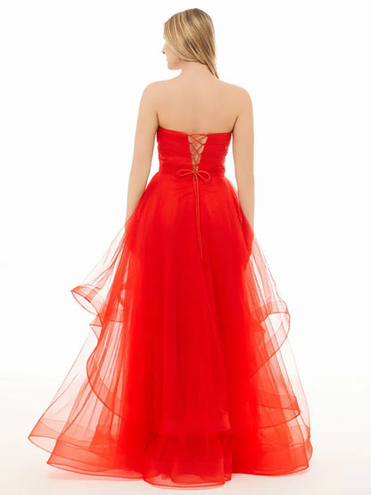 Fashion A-Line Strapless Sleeveless Ruffled Organza Floor-Length Prom Dress