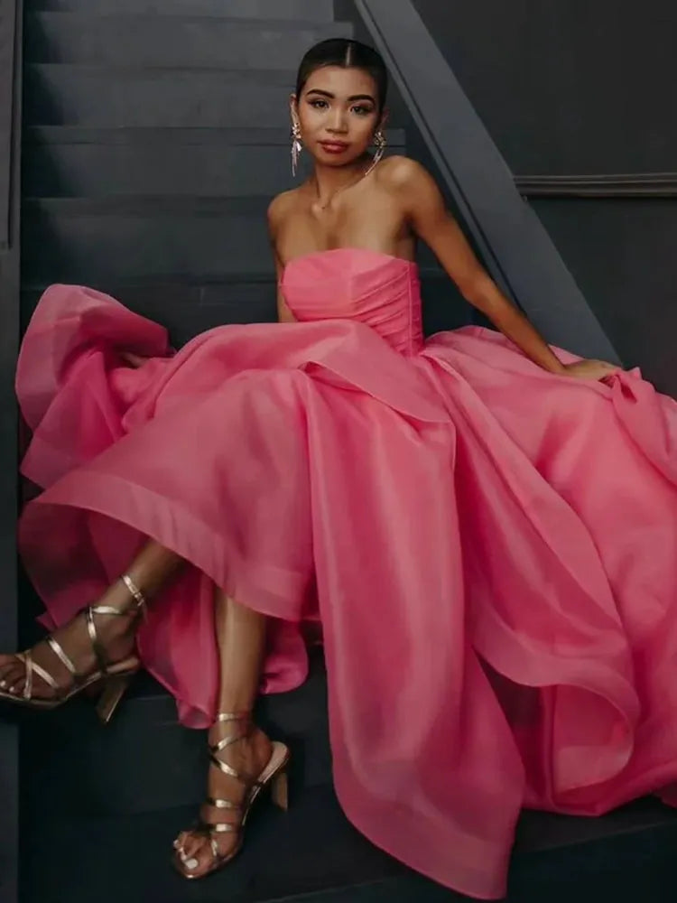 Fashion A-Line Strapless Sleeveless Ruffled Organza Floor-Length Prom Dress