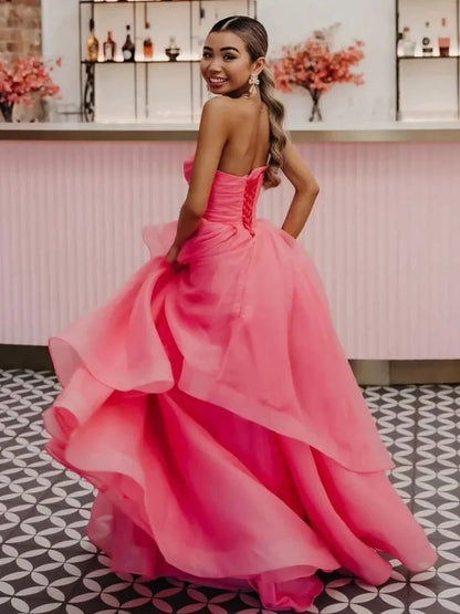 Fashion A-Line Strapless Sleeveless Ruffled Organza Floor-Length Prom Dress