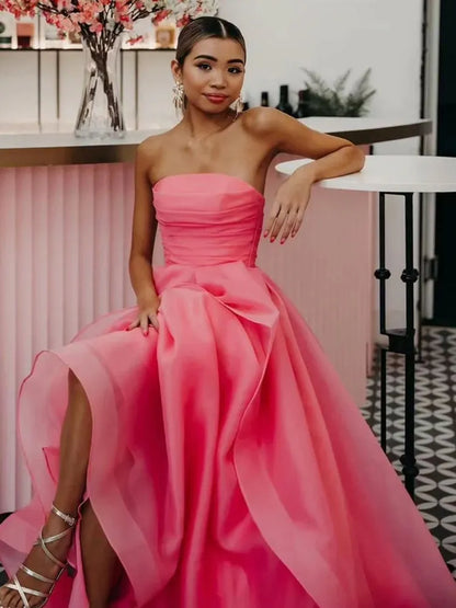 Fashion A-Line Strapless Sleeveless Ruffled Organza Floor-Length Prom Dress