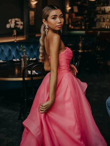 Fashion A-Line Strapless Sleeveless Ruffled Organza Floor-Length Prom Dress