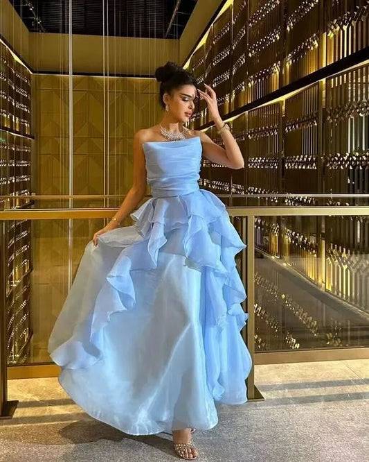 Fashion A-Line Strapless Sleeveless Tulle Ruffled Floor-Length Evening Dress