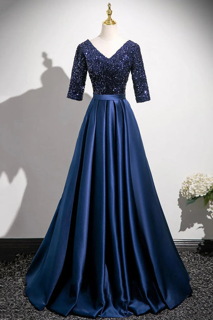 Fashion A-Line V-Neck 1/2 Sleeve Lace Up Floor-Length Prom Dress