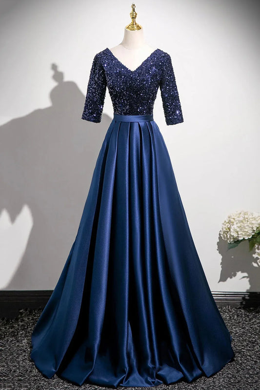 Fashion A-Line V-Neck 1/2 Sleeve Lace Up Floor-Length Prom Dress