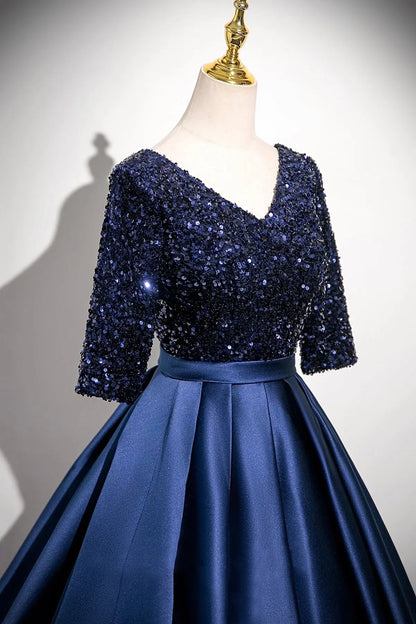 Fashion A-Line V-Neck 1/2 Sleeve Lace Up Floor-Length Prom Dress