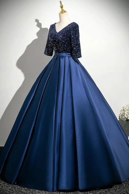 Fashion A-Line V-Neck 1/2 Sleeve Lace Up Floor-Length Prom Dress