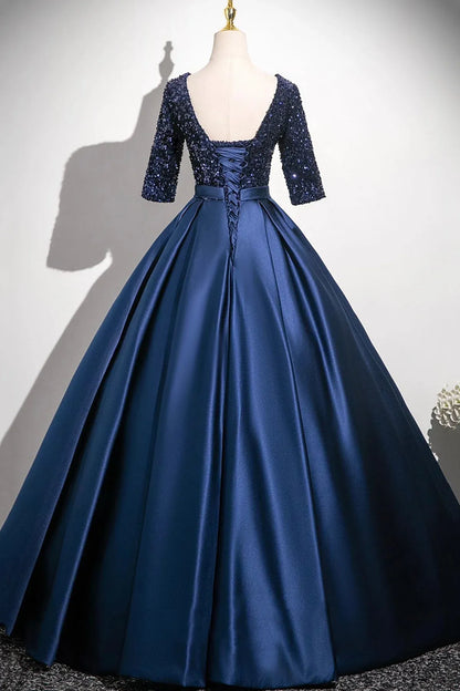 Fashion A-Line V-Neck 1/2 Sleeve Lace Up Floor-Length Prom Dress