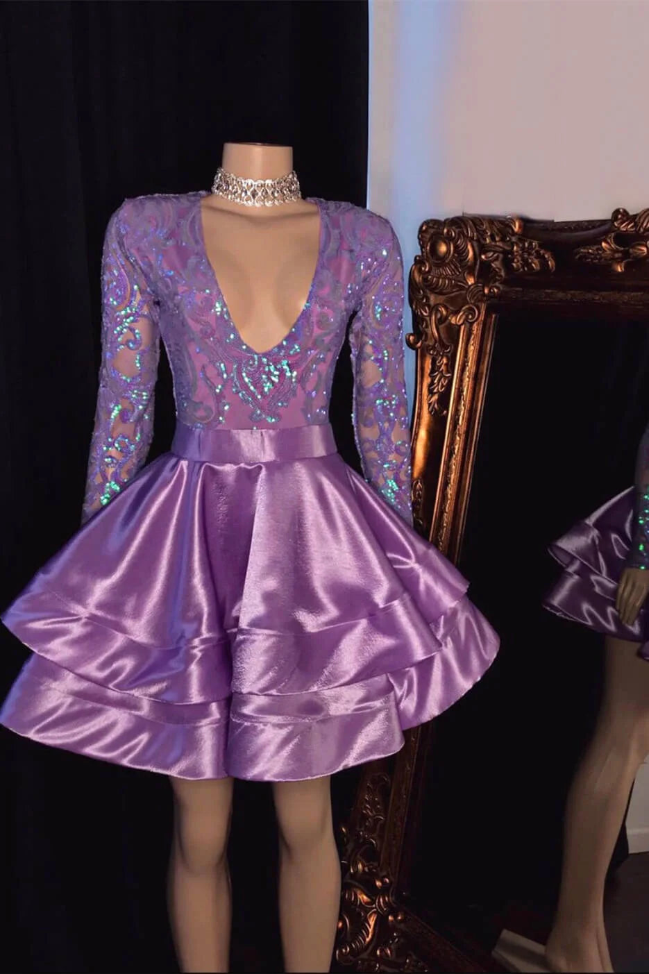 Fashion A-Line V-Neck Long Sleeves Pleated Short-Mini Prom Dress