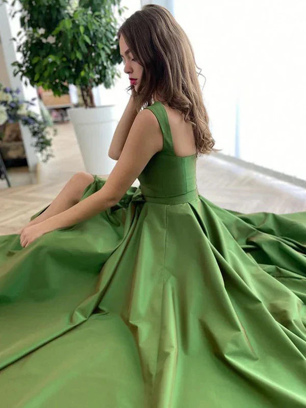 Fashion A-Line V Neck Sleeveless Back Zip Chapel Train Side Slit Evening dress for women