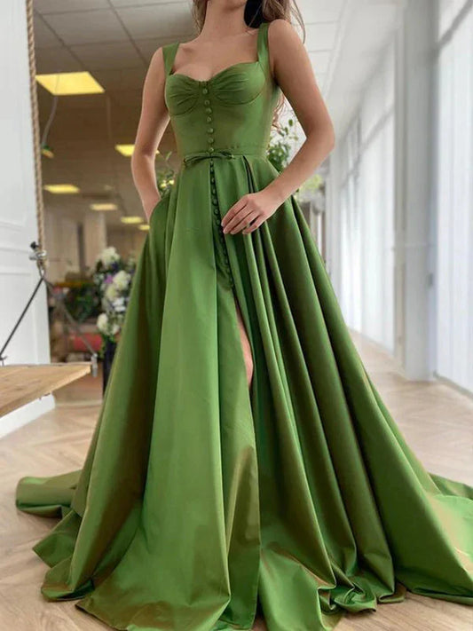 Fashion A-Line V Neck Sleeveless Back Zip Chapel Train Side Slit Evening dress for women
