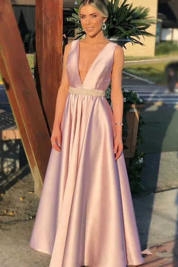 Fashion A-Line V Neck Sleeveless Backless Floor-Length Prom Dress
