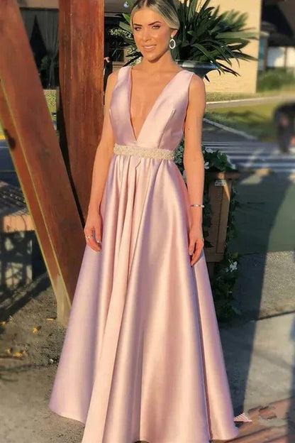 Fashion A-Line V Neck Sleeveless Backless Floor-Length Prom Dress