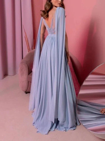 Fashion A-Line V Neck Sleeveless Button Brush Train Side Slit Evening dress for women