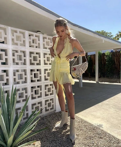 Fashion A-Line V Neck Sleeveless Chiffon Short-Mini Lace Up Homecoming Dress