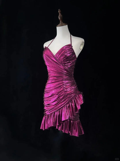 Fashion A-Line V Neck Sleeveless Pleated Satin Short-Mini Homecoming Dress