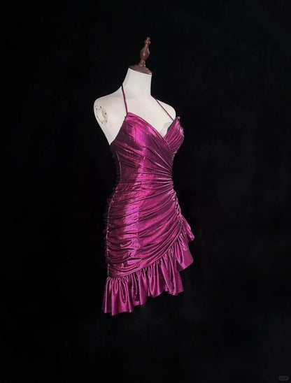 Fashion A-Line V Neck Sleeveless Pleated Satin Short-Mini Homecoming Dress