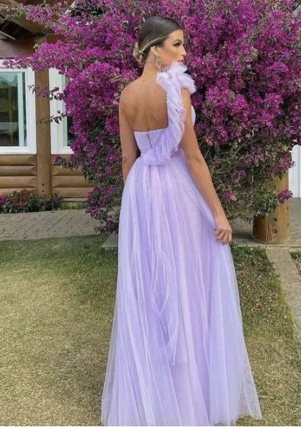 Fashion A-line Off the Shoulder Sleeveless Tulle Floor-Length Backless Prom Dress