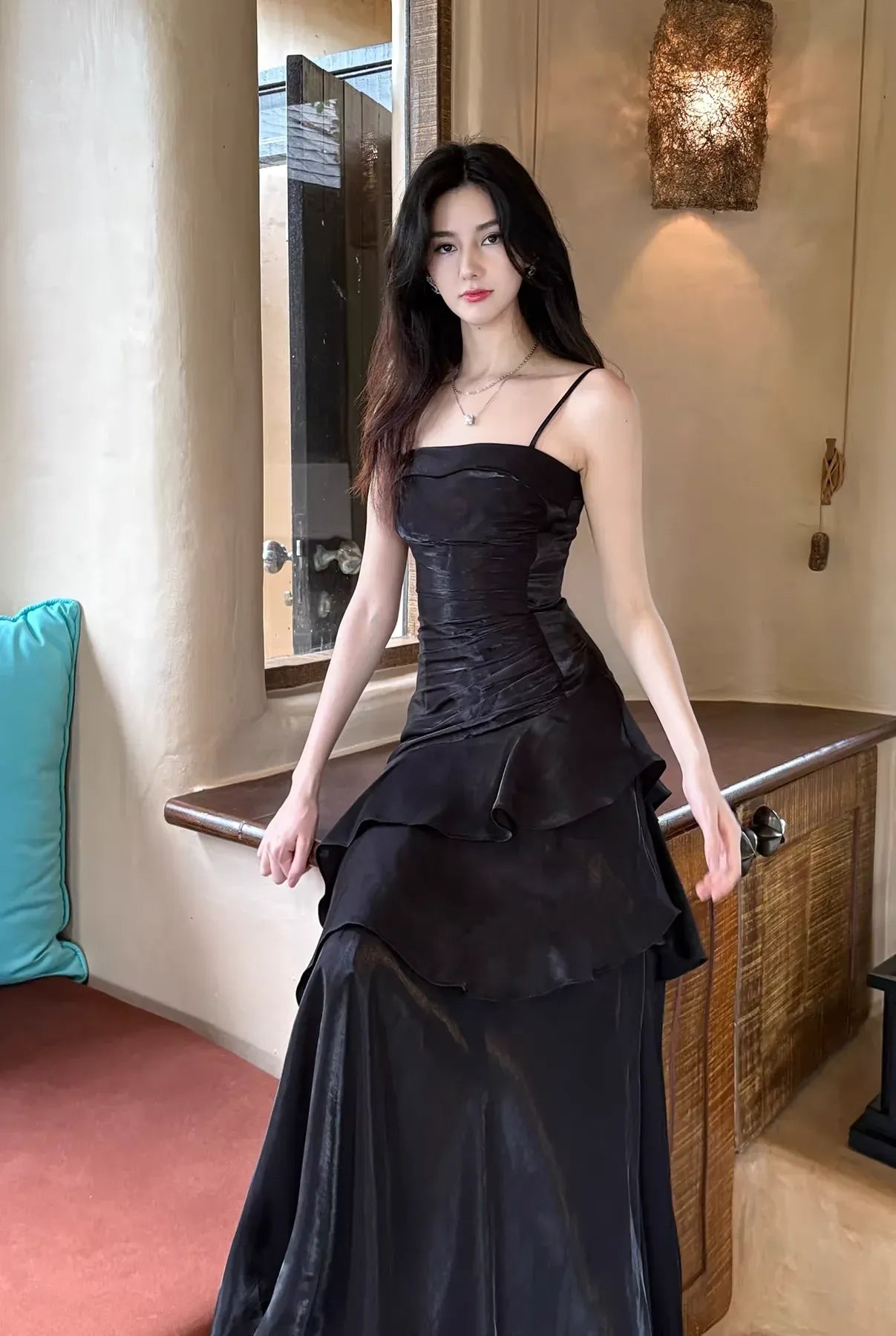 Fashion A-line Spaghetti Strap Ruched Ruffle Tiered Maxi Party Dress