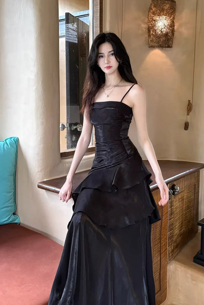 Fashion A-line Spaghetti Strap Ruched Ruffle Tiered Maxi Party Dress