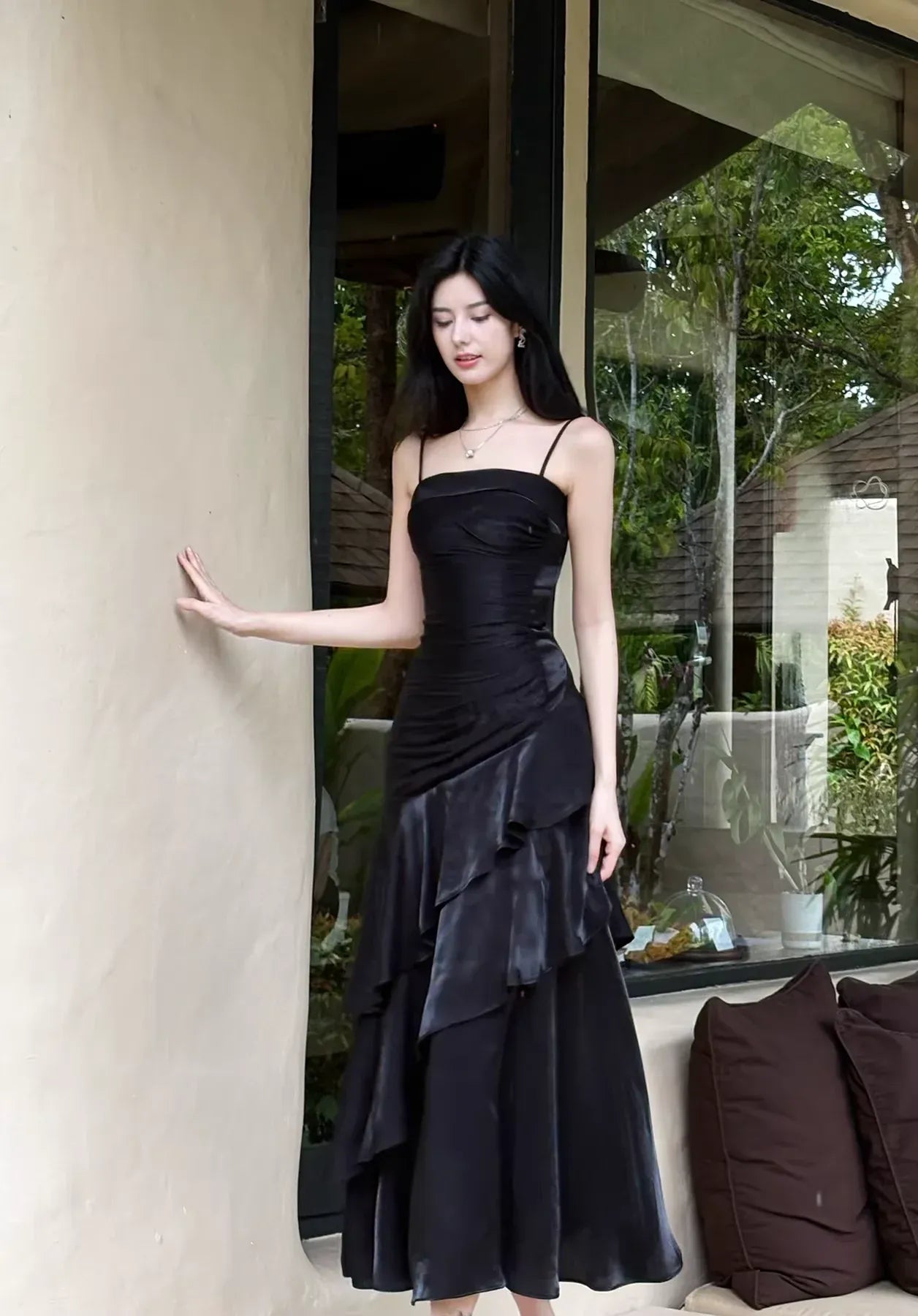 Fashion A-line Spaghetti Strap Ruched Ruffle Tiered Maxi Party Dress