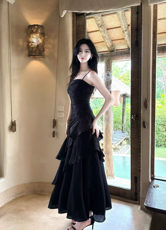 Fashion A-line Spaghetti Strap Ruched Ruffle Tiered Maxi Party Dress