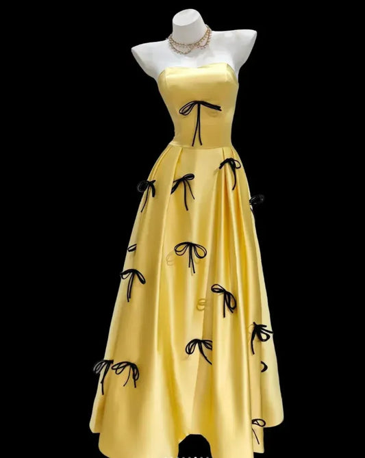 Fashion A-line Strapless Bow Detail Satin Maxi Party Dress