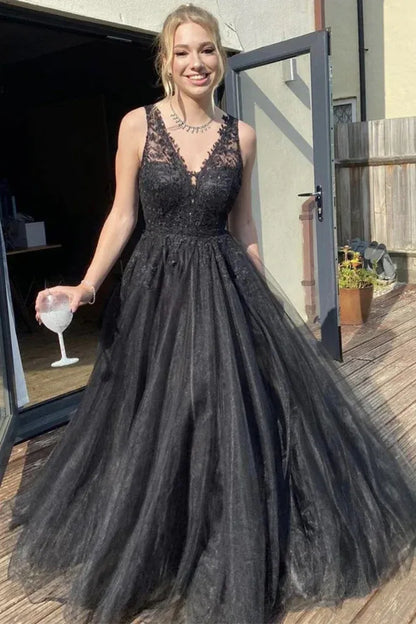 Fashion A Line V Neck Sleeveless V Back Floor-Length Prom Dress