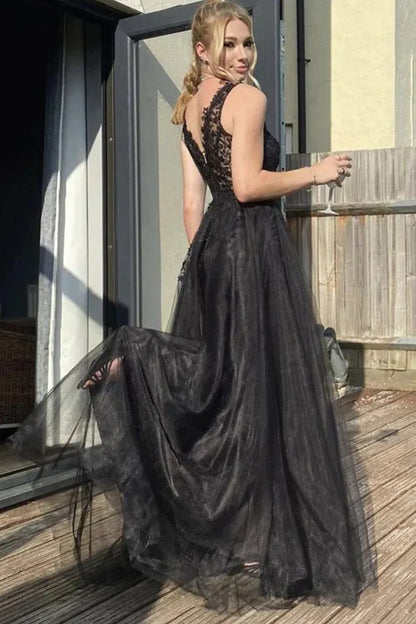 Fashion A Line V Neck Sleeveless V Back Floor-Length Prom Dress